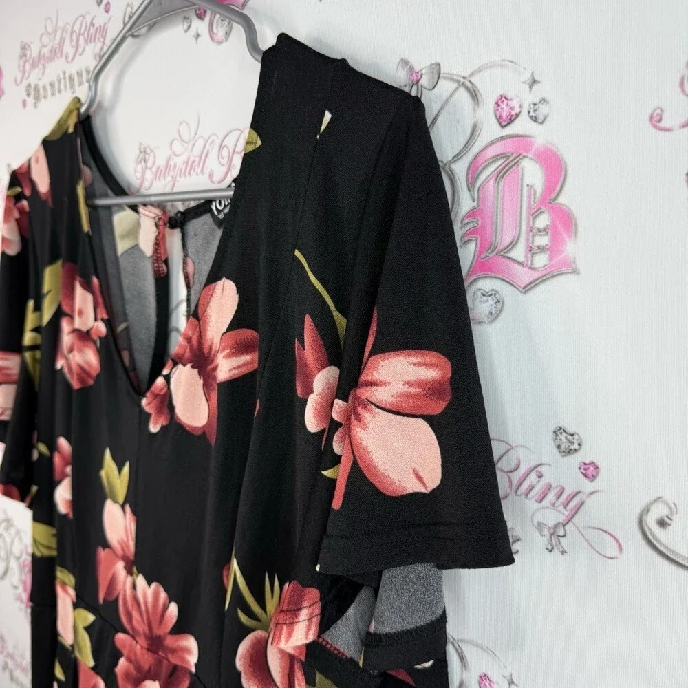 YOINS pants suit jumper romper flowy ruffle sleeve Black Pink Floral Jumpsuit
